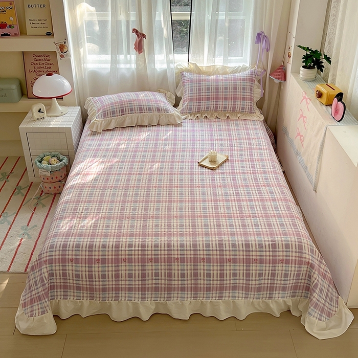 91家纺网 家纺一手货源 找家纺 美梦家纺2025新款皱皱纱花边被套床盖四件套 樱桃格格