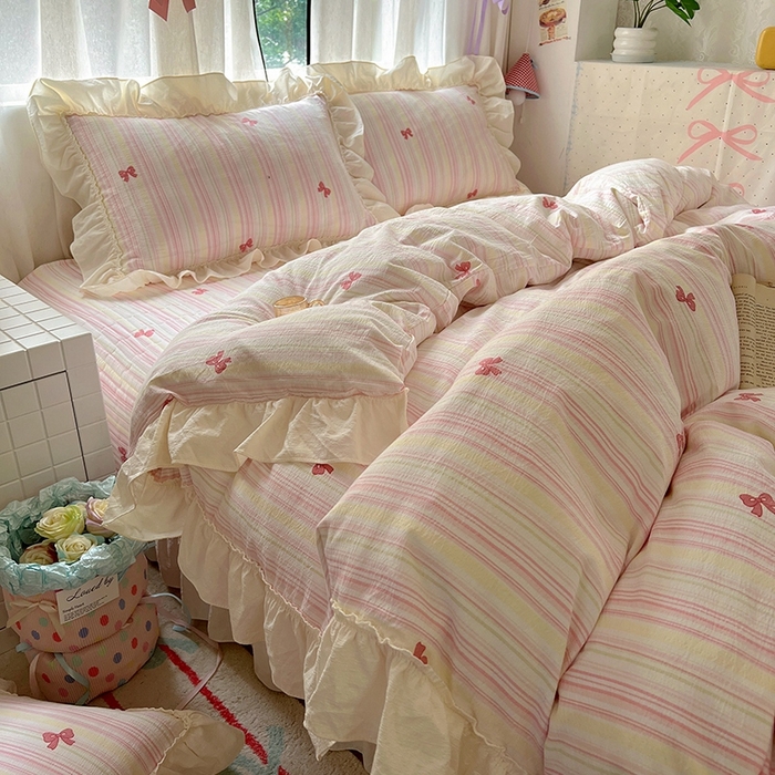 91家纺网 家纺一手货源 找家纺 美梦家纺2025新款皱皱纱花边被套床盖四件套 遇见彩虹