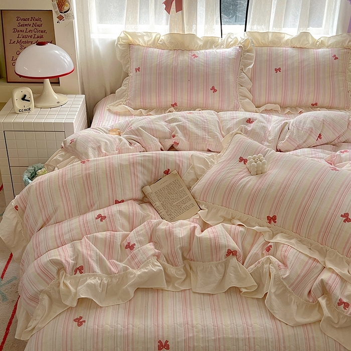 91家纺网 家纺一手货源 找家纺 美梦家纺2025新款皱皱纱花边被套床盖四件套 遇见彩虹