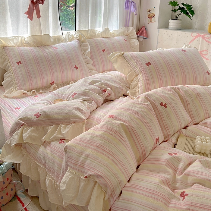 91家纺网 家纺一手货源 找家纺 美梦家纺2025新款皱皱纱花边被套床盖四件套 遇见彩虹