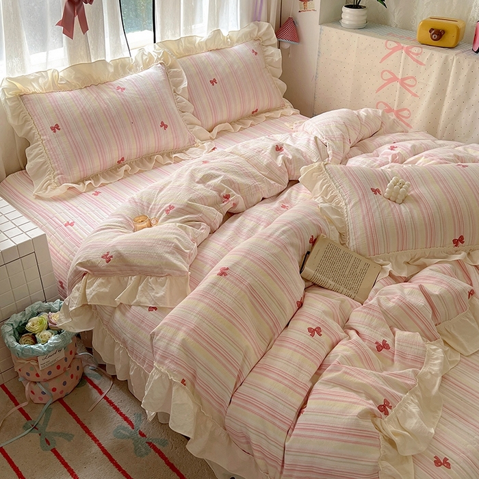 91家纺网 家纺一手货源 找家纺 美梦家纺2025新款皱皱纱花边被套床盖四件套 遇见彩虹