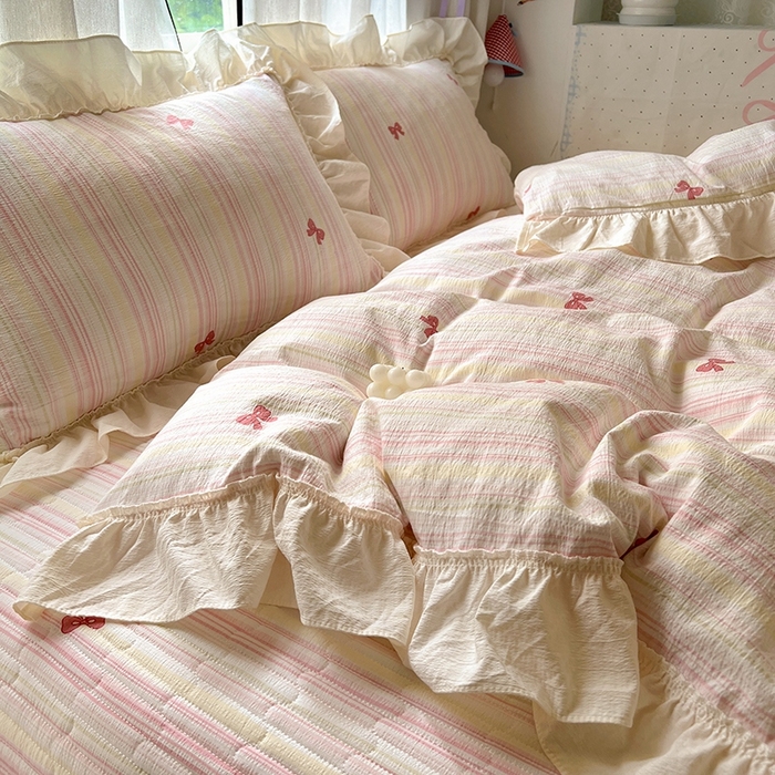 91家纺网 家纺一手货源 找家纺 美梦家纺2025新款皱皱纱花边被套床盖四件套 遇见彩虹