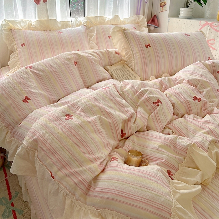 91家纺网 家纺一手货源 找家纺 美梦家纺2025新款皱皱纱花边被套床盖四件套 遇见彩虹