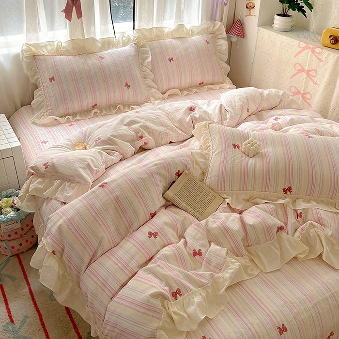 91家纺网 家纺一手货源 找家纺 美梦家纺2025新款皱皱纱花边被套床盖四件套 遇见彩虹