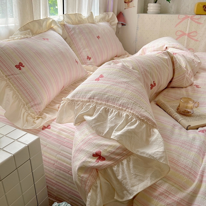 91家纺网 家纺一手货源 找家纺 美梦家纺2025新款皱皱纱花边被套床盖四件套 遇见彩虹