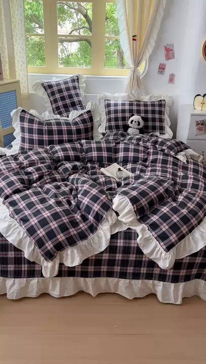 91家纺网 家纺一手货源 找家纺 美梦家纺2025新款皱皱纱花边被套床盖四件套 薄巧