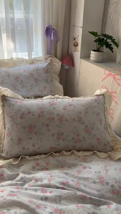 91家纺网 家纺一手货源 找家纺 美梦家纺2025新款皱皱纱花边被套床盖四件套 花间露语