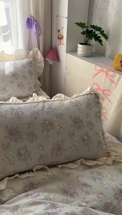 91家纺网 家纺一手货源 找家纺 美梦家纺2025新款皱皱纱花边被套床盖四件套 茉莉清风