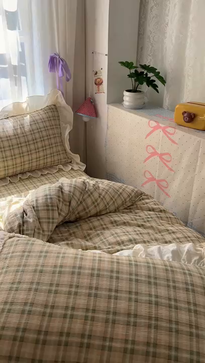 91家纺网 家纺一手货源 找家纺 美梦家纺2025新款皱皱纱花边被套床盖四件套 松野