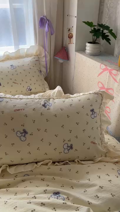 91家纺网 家纺一手货源 找家纺 美梦家纺2025新款皱皱纱花边被套床盖四件套 晚樱落海