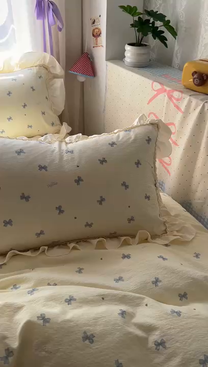 91家纺网 家纺一手货源 找家纺 美梦家纺2025新款皱皱纱花边被套床盖四件套 相思兰