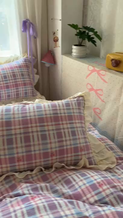 91家纺网 家纺一手货源 找家纺 美梦家纺2025新款皱皱纱花边被套床盖四件套 樱桃格格