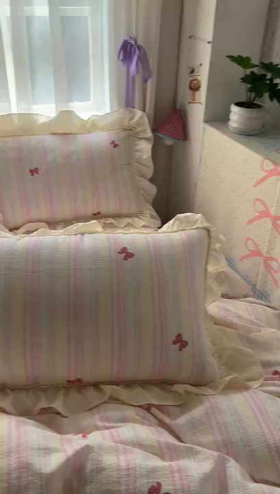 91家纺网 家纺一手货源 找家纺 美梦家纺2025新款皱皱纱花边被套床盖四件套 遇见彩虹