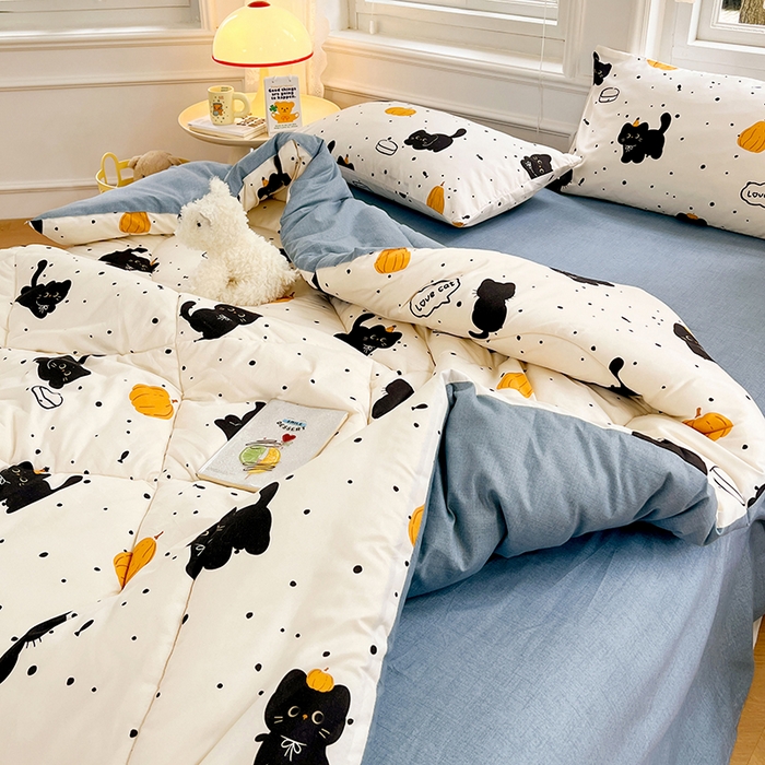 91家纺网 家纺一手货源 找家纺 VIP被业 2025新款冬被学生宿舍印花冬被上下铺多套件 快乐猫