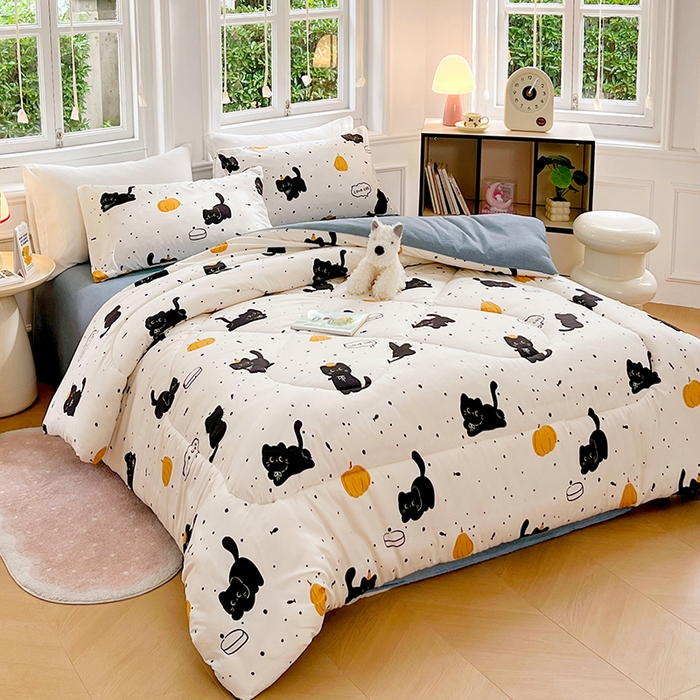 91家纺网 家纺一手货源 找家纺 VIP被业 2025新款冬被学生宿舍印花冬被上下铺多套件 快乐猫