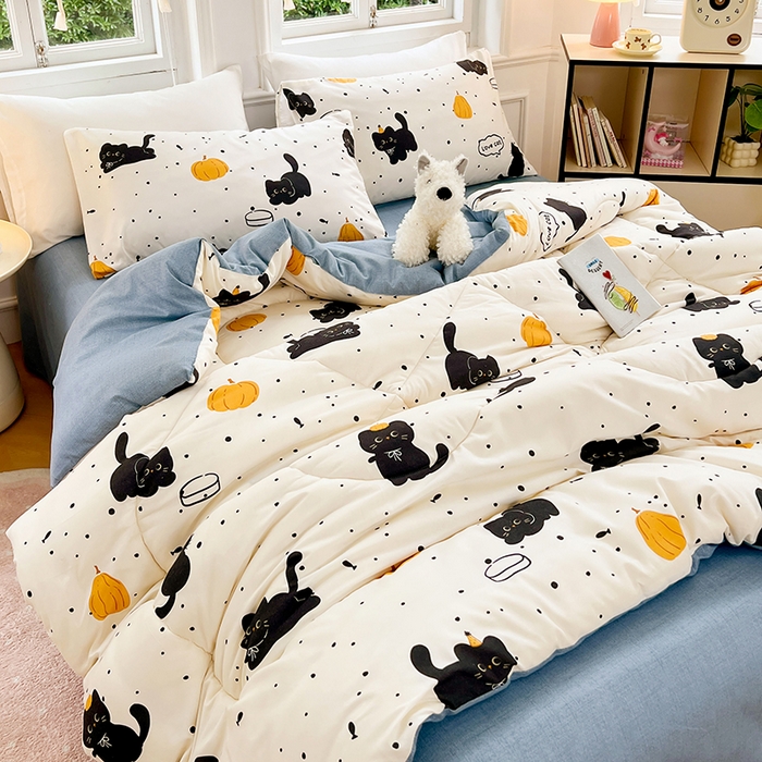 91家纺网 家纺一手货源 找家纺 VIP被业 2025新款冬被学生宿舍印花冬被上下铺多套件 快乐猫