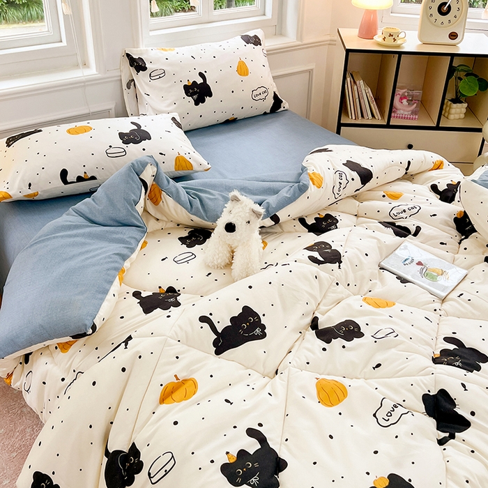 91家纺网 家纺一手货源 找家纺 VIP被业 2025新款冬被学生宿舍印花冬被上下铺多套件 快乐猫