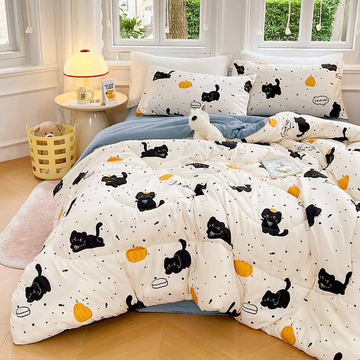 91家纺网 家纺一手货源 找家纺 VIP被业 2025新款冬被学生宿舍印花冬被上下铺多套件 快乐猫