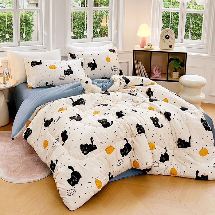 91家纺网 家纺一手货源 找家纺 VIP被业 2025新款冬被学生宿舍印花冬被上下铺多套件 快乐猫