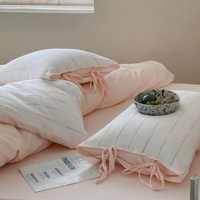 91家纺网 家纺一手货源 找家纺 小春日和2025新款皱皱纱水洗穿绳渐变工艺四件套 弥野 粉