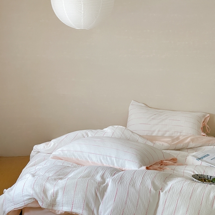 91家纺网 家纺一手货源 找家纺 小春日和2025新款皱皱纱水洗穿绳渐变工艺四件套 弥野 粉