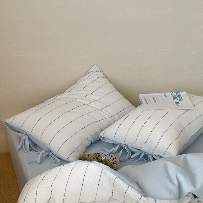 91家纺网 家纺一手货源 找家纺 小春日和2025新款皱皱纱水洗穿绳渐变工艺四件套 弥野 蓝