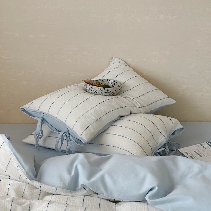 91家纺网 家纺一手货源 找家纺 小春日和2025新款皱皱纱水洗穿绳渐变工艺四件套 弥野 蓝