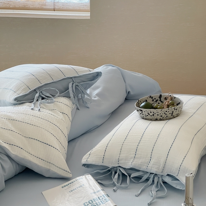 91家纺网 家纺一手货源 找家纺 小春日和2025新款皱皱纱水洗穿绳渐变工艺四件套 弥野 蓝