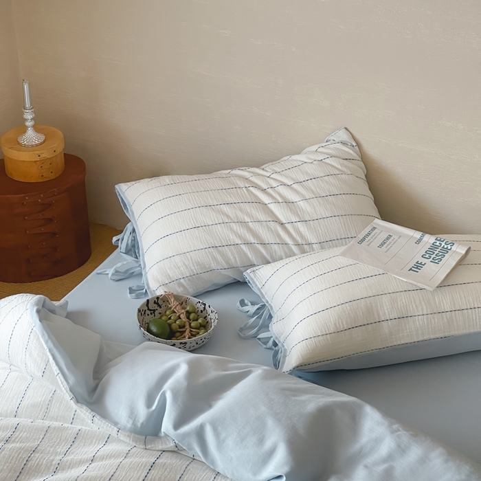 91家纺网 家纺一手货源 找家纺 小春日和2025新款皱皱纱水洗穿绳渐变工艺四件套 弥野 蓝