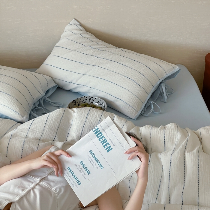 91家纺网 家纺一手货源 找家纺 小春日和2025新款皱皱纱水洗穿绳渐变工艺四件套 弥野 蓝