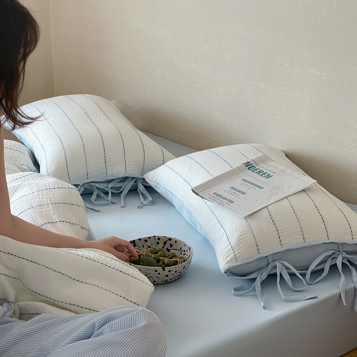 91家纺网 家纺一手货源 找家纺 小春日和2025新款皱皱纱水洗穿绳渐变工艺四件套 弥野 蓝