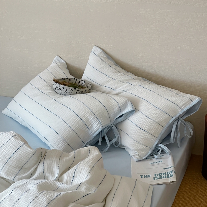 91家纺网 家纺一手货源 找家纺 小春日和2025新款皱皱纱水洗穿绳渐变工艺四件套 弥野 蓝