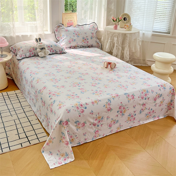 91家纺网 家纺一手货源 找家纺 梦舒羽 2025新款皱皱双层纱印花床单朝花夕拾-印花床单