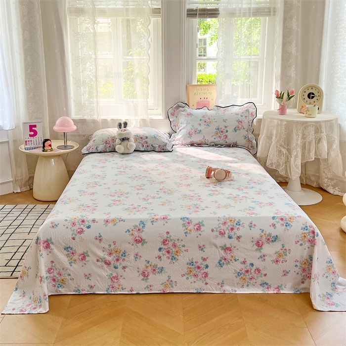 91家纺网 家纺一手货源 找家纺 梦舒羽 2025新款皱皱双层纱印花床单朝花夕拾-印花床单