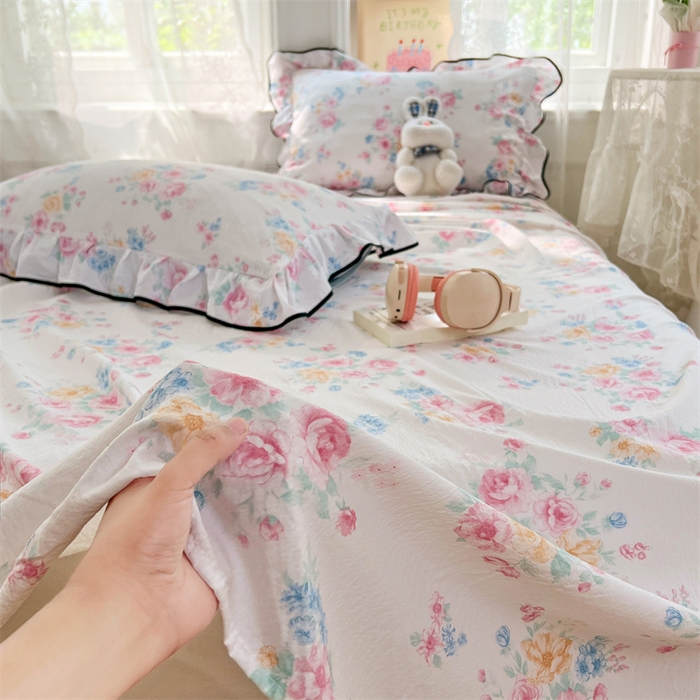 91家纺网 家纺一手货源 找家纺 梦舒羽 2025新款皱皱双层纱印花床单朝花夕拾-印花床单