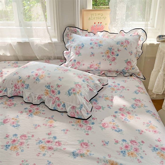 91家纺网 家纺一手货源 找家纺 梦舒羽 2025新款皱皱双层纱印花床单朝花夕拾-印花床单