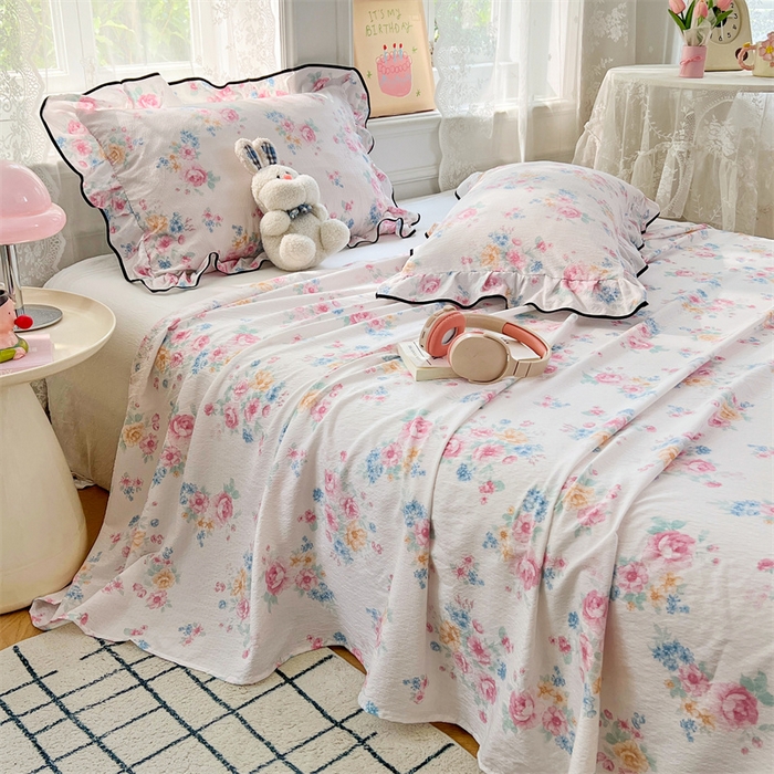 91家纺网 家纺一手货源 找家纺 梦舒羽 2025新款皱皱双层纱印花床单朝花夕拾-印花床单