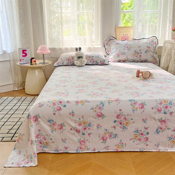 91家纺网 家纺一手货源 找家纺 梦舒羽 2025新款皱皱双层纱印花床单朝花夕拾-印花床单