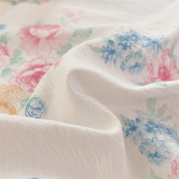 91家纺网 家纺一手货源 找家纺 梦舒羽 2025新款皱皱双层纱印花床单朝花夕拾-印花床单