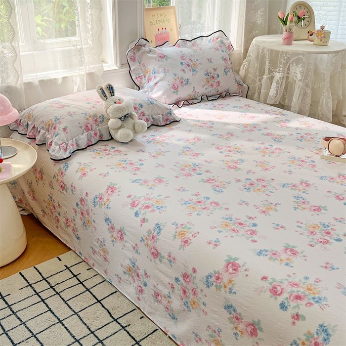 91家纺网 家纺一手货源 找家纺 梦舒羽 2025新款皱皱双层纱印花床单朝花夕拾-印花床单