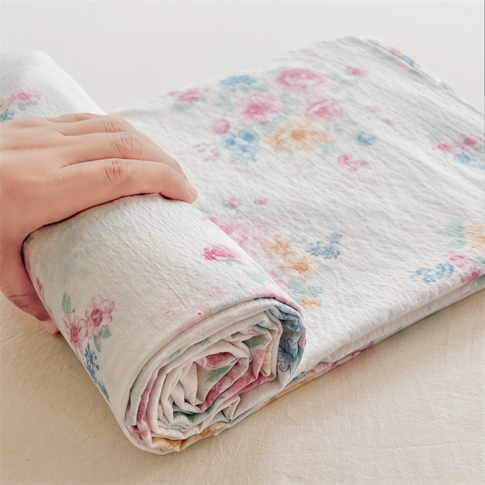 91家纺网 家纺一手货源 找家纺 梦舒羽 2025新款皱皱双层纱印花床单朝花夕拾-印花床单