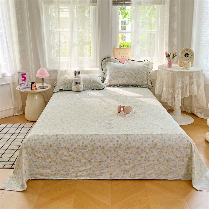 91家纺网 家纺一手货源 找家纺 梦舒羽 2025新款皱皱双层纱印花床单春日初见-印花床单