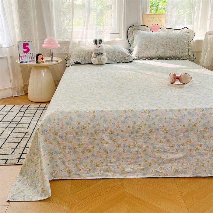 91家纺网 家纺一手货源 找家纺 梦舒羽 2025新款皱皱双层纱印花床单春日初见-印花床单