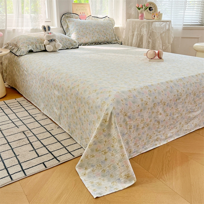 91家纺网 家纺一手货源 找家纺 梦舒羽 2025新款皱皱双层纱印花床单春日初见-印花床单