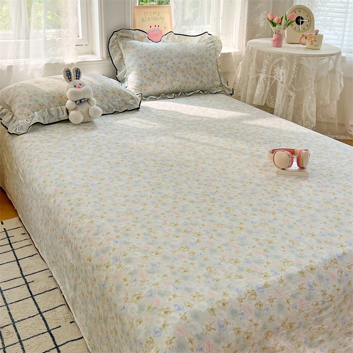 91家纺网 家纺一手货源 找家纺 梦舒羽 2025新款皱皱双层纱印花床单春日初见-印花床单