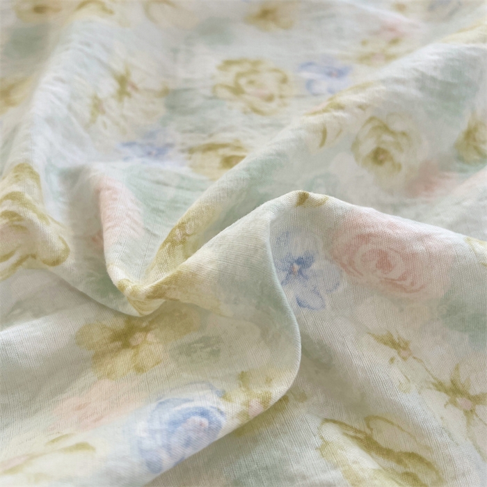 91家纺网 家纺一手货源 找家纺 梦舒羽 2025新款皱皱双层纱印花床单春日初见-印花床单