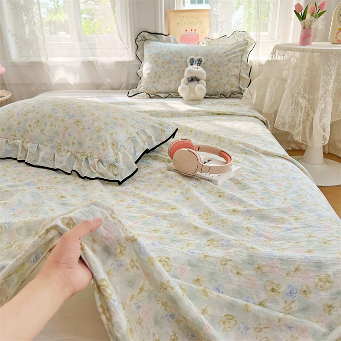 91家纺网 家纺一手货源 找家纺 梦舒羽 2025新款皱皱双层纱印花床单春日初见-印花床单