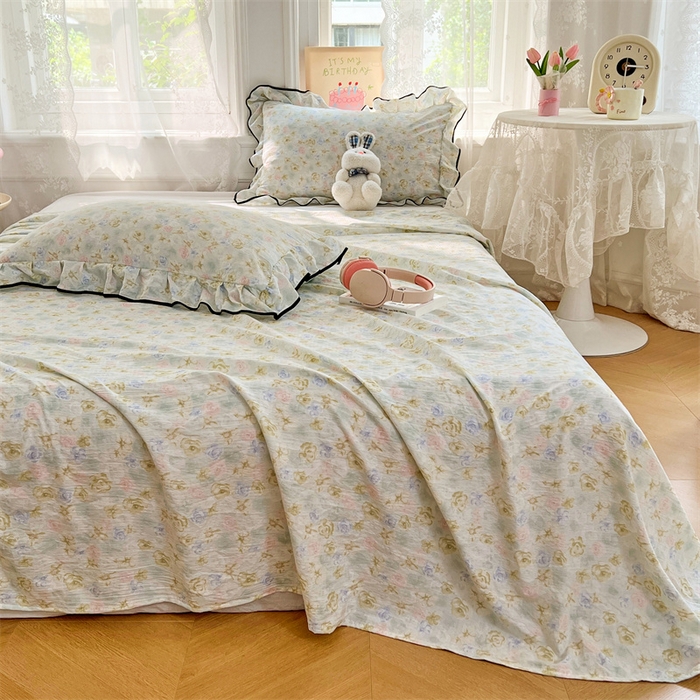 91家纺网 家纺一手货源 找家纺 梦舒羽 2025新款皱皱双层纱印花床单春日初见-印花床单