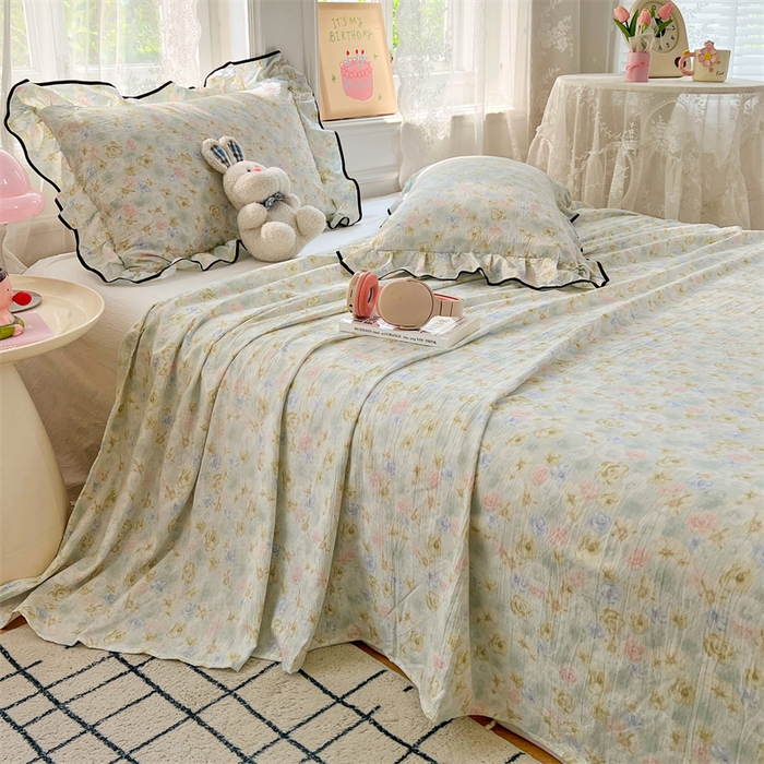 91家纺网 家纺一手货源 找家纺 梦舒羽 2025新款皱皱双层纱印花床单春日初见-印花床单