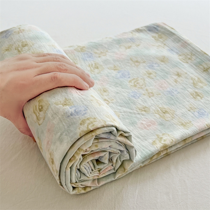 91家纺网 家纺一手货源 找家纺 梦舒羽 2025新款皱皱双层纱印花床单春日初见-印花床单